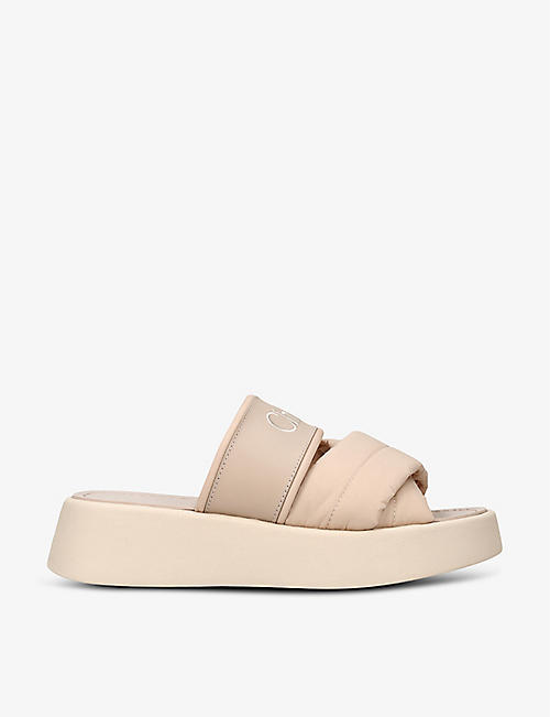 CHLOE: Mila logo-embellished woven and leather wedge sandals