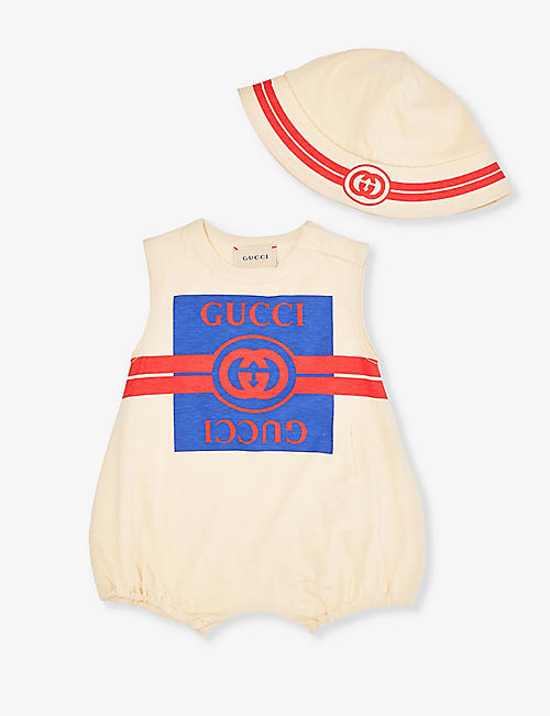GUCCI: Logo-print romper and hat cotton-jersey set