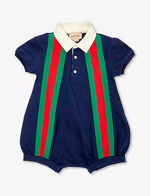 GUCCI: Web-stripes collar cotton-jersey romper 0-12 months
