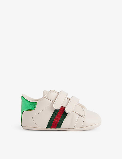 GUCCI: Kids' logo-embroidered leather crib shoes