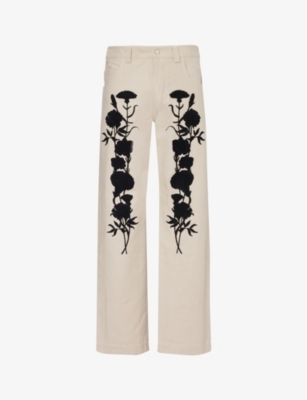 SONG FOR THE MUTE: Floral-embroidered relaxed-fit cotton-twill trousers