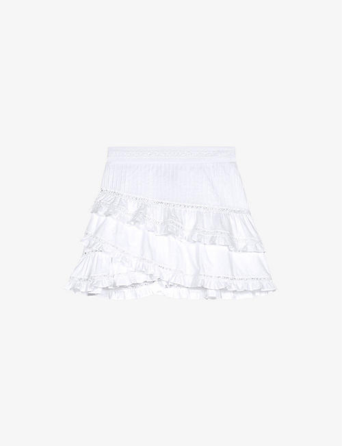 MAJE: Lace-embroidered ruffle-trim cotton mini skirt