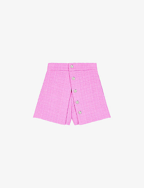 MAJE: Button-embellished high-rise pleated tweed shorts