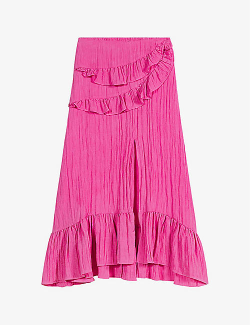 MAJE: Ruffled crinkle embossed-satin maxi skirt