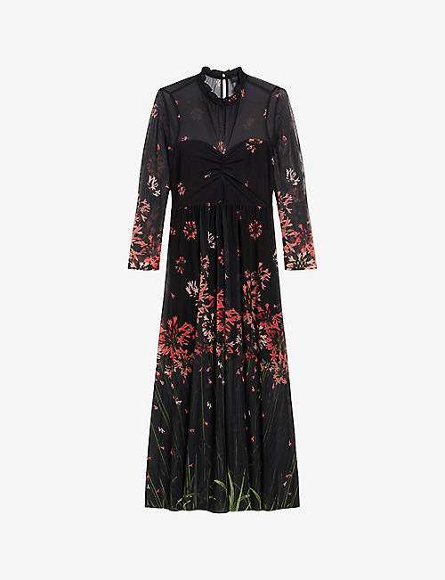 TED BAKER: Susenaa ruffle-neck floral-print stretch-mesh midaxi dress
