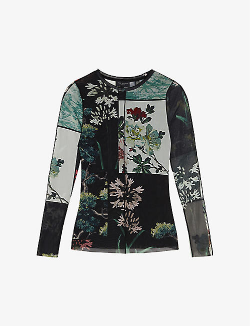 TED BAKER: Lareana floral-print long-sleeve stretch-mesh top