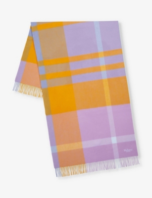 MULBERRY: Check-pattern logo-embroidered wool scarf