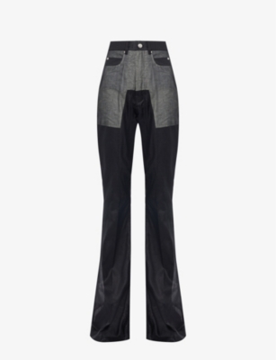 RICK OWENS: Contrast-panel semi-sheer flared-leg cotton trousers