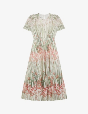 TED BAKER: ruched-sleeve floral-print woven midi dress