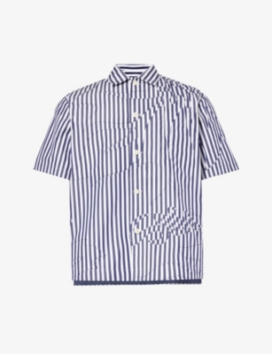 SACAI: Stripe-pattern steeped-hem boxy-fit cotton-blend shirt