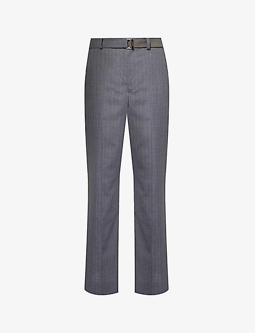 SACAI: Chalk Stripe buckle-belt relaxed-fit wide-leg woven trousers