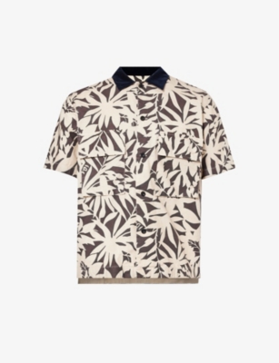 SACAI: Leaf-print contrast-collar cotton shirt