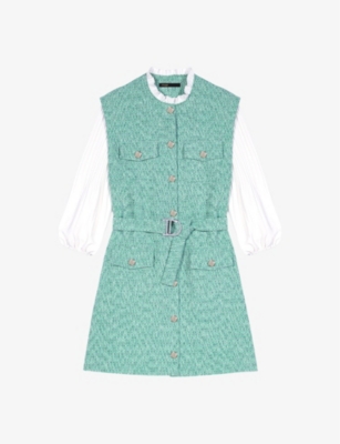 MAJE: Contrast-sleeve belted-waist tweed cotton mini dress