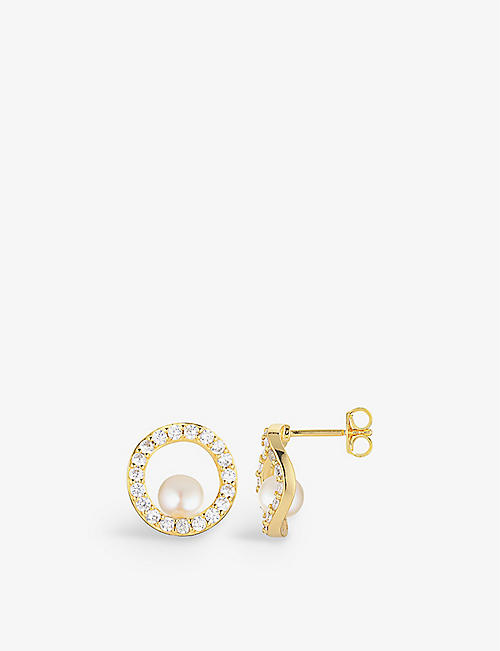 SIF JAKOBS: Ponza Circolo 18ct yellow gold-plated sterling silver, zirconia and freshwater pearl stud earrings
