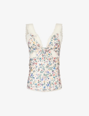 RABANNE: Floral-pattern V-neck recycled-polyester top