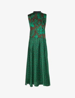 SACAI: High-neck floral-pattern satin maxi dress