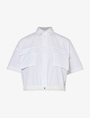 SACAI: Cropped drawstring-hem cotton poplin shirt