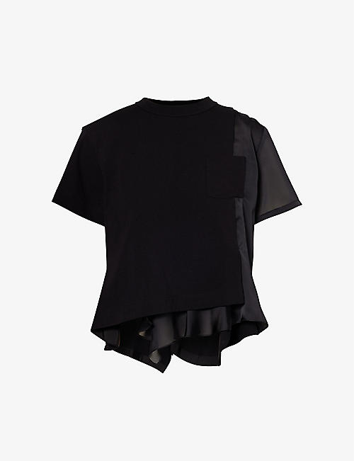 SACAI: Draped-panel round-neck cotton-jersey T-shirt