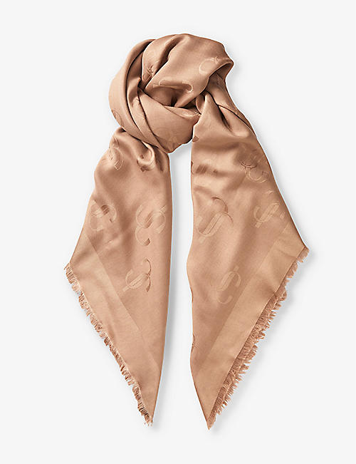 JIMMY CHOO: Emani brand-print silk-blend scarf