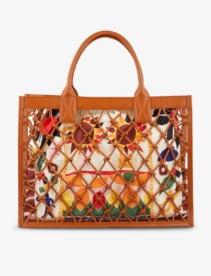 SANDRO: Kasbah graphic-motif cotton and leather tote