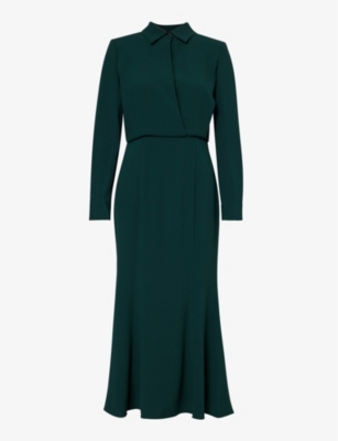 ROLAND MOURET: Long-sleeved slim-fit satin maxi dress