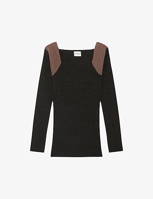 CLAUDIE PIERLOT: Contrast shoulder-yoke wool-blend knitted top