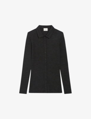 CLAUDIE PIERLOT: Button-neck contrast-panel cotton and linen-blend jumper