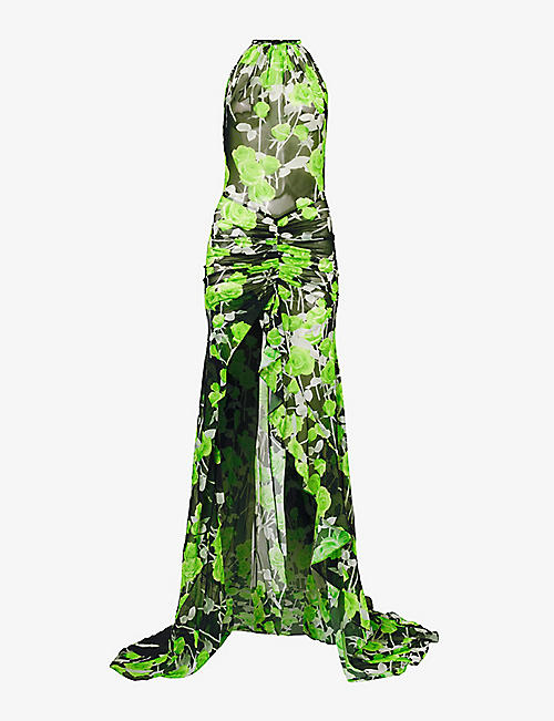 DAVID KOMA: Floral-pattern slim-fit stretch-mesh maxi dress