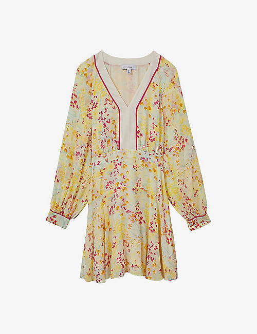REISS: Molly buttercup-print V-neck woven mini dress
