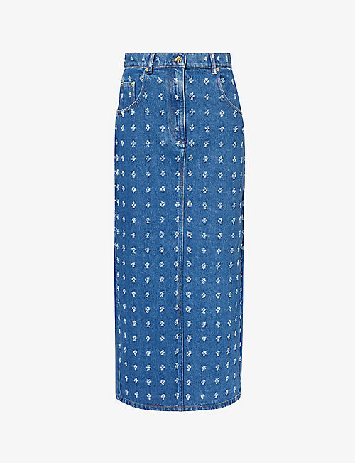 NINA RICCI: Distressed-pattern slim-fit denim maxi skirt