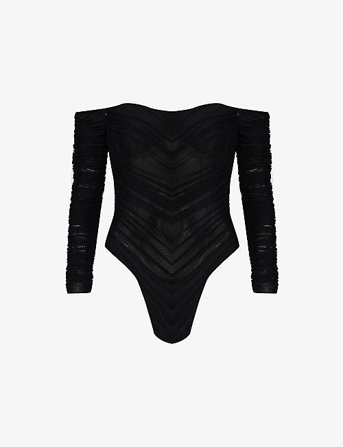 MUGLER: Long-sleeved ruched stretch-woven body