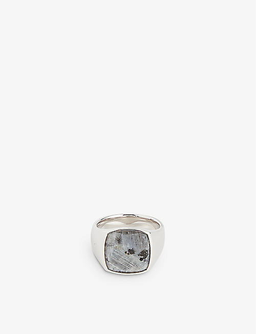 TOM WOOD: Cushion Larvikite rhodium-plated sterling-silver signet ring