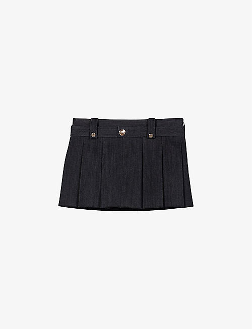 MAJE: Patch-pocket mid-rise pleated stretch-denim mini skirt