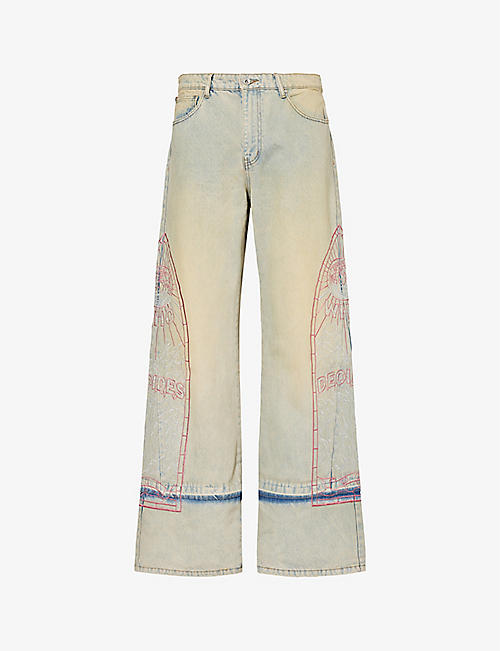 WHO DECIDES WAR BY EV BRAVADO: Motif-embroidered brand-patch regular-fit jeans