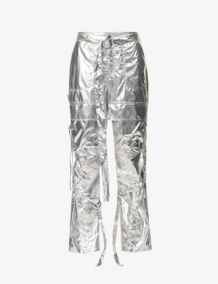 AMY LYNN: Metallic straight-leg mid-rise woven trousers