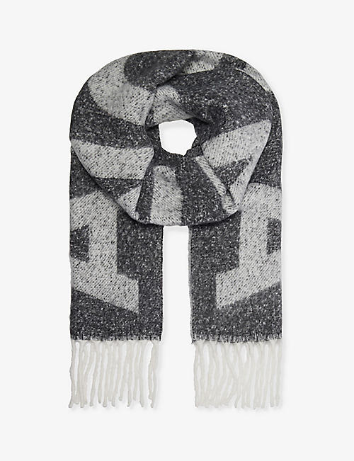 ADANOLA: Reversible block-letter knitted scarf