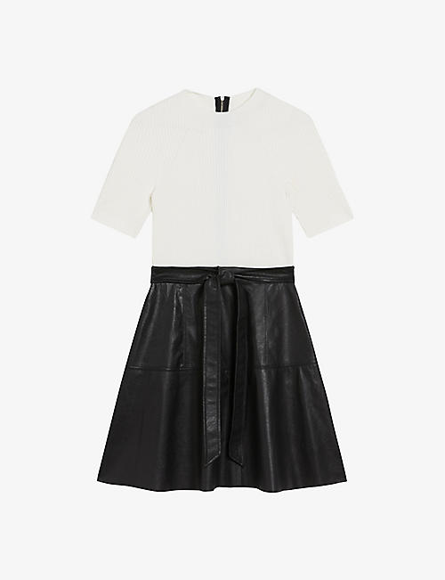 TED BAKER: Oliyia contrast-skirt woven and faux-leather mini dress