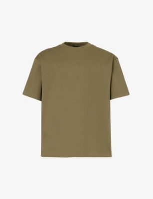 EMPORIO ARMANI: Embroidered-logo dropped-shoulder cotton-blend T-shirt