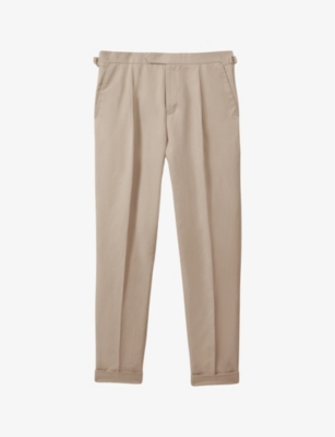 REISS: Com front-pleat straight-leg cotton and linen-blend trousers