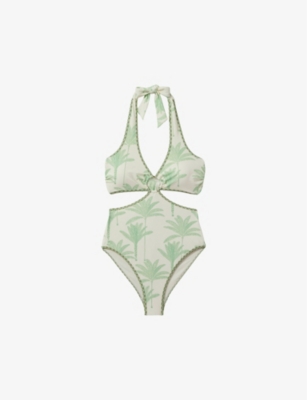 REISS: Gabriella palm-print cut-out swimsuit