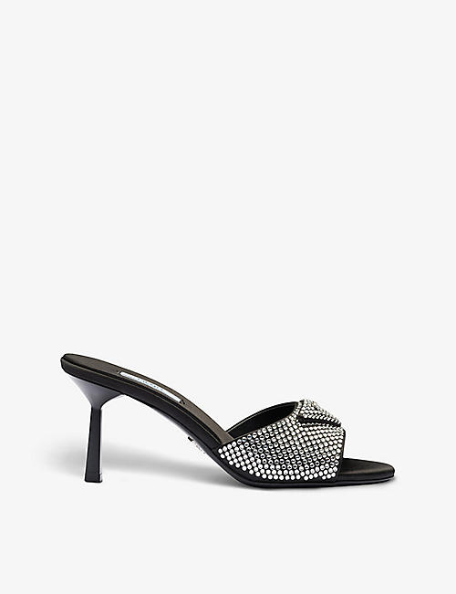 PRADA: Crystal-embellished satin and leather heeled sandals