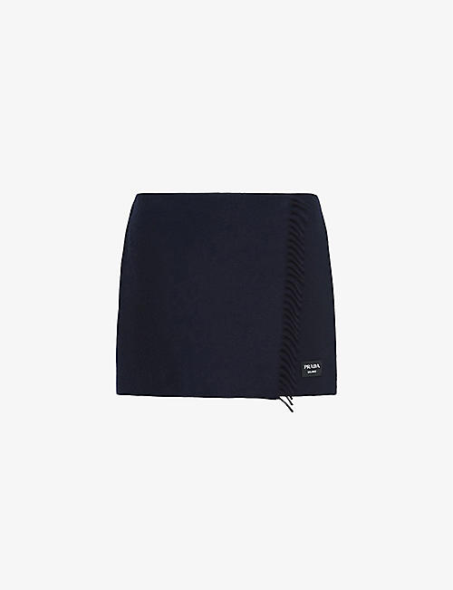 PRADA: Fringe-trim wrap cashmere mini skirt