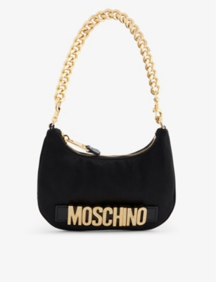 MOSCHINO: Logo-plaque chain-strap silk-blend shoulder bag