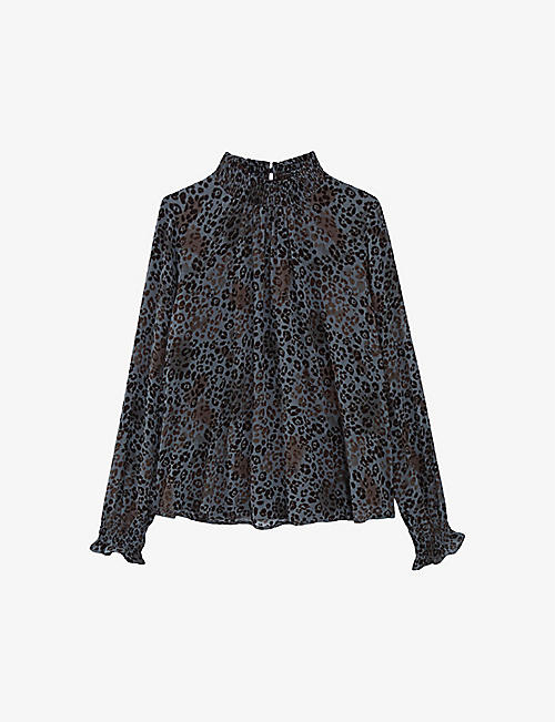 IKKS: Panther-print smock-neck crepe blouse