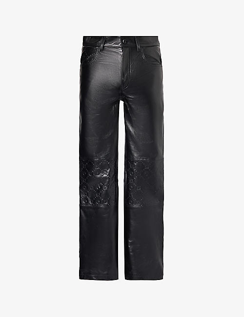 MARINE SERRE: Brand-plaque brand-embossed mid-rise wide-leg leather trousers