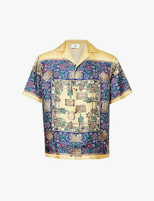 BALLY: Floral-pattern branded camp-collar relaxed-fit silk shirt