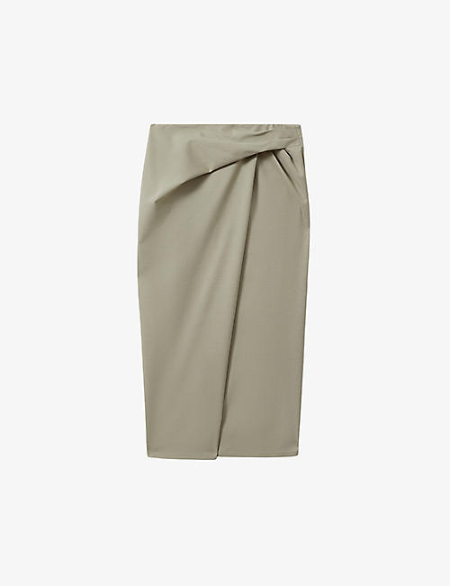 REISS: Nadia wrap-front high-rise stretch cotton-blend midi skirt