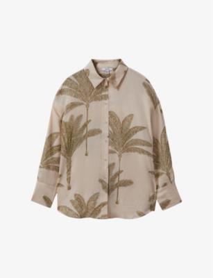 REISS: Oskia palm tree-print linen shirt