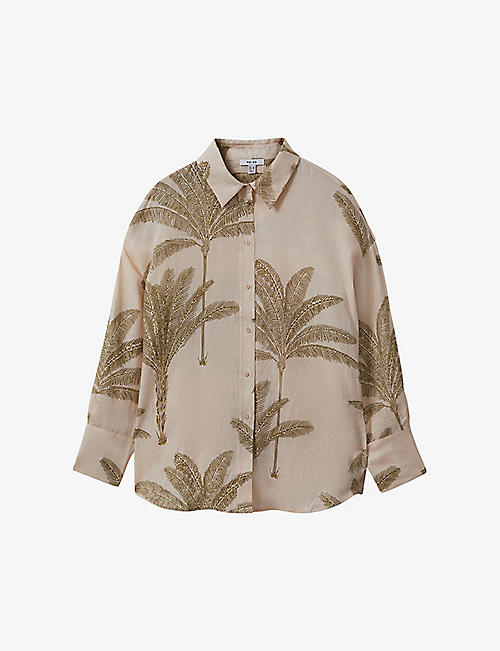 REISS: Oskia palm tree-print linen shirt