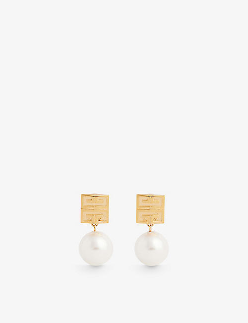 GIVENCHY: Logo-engraved brass and pearl drop earrings